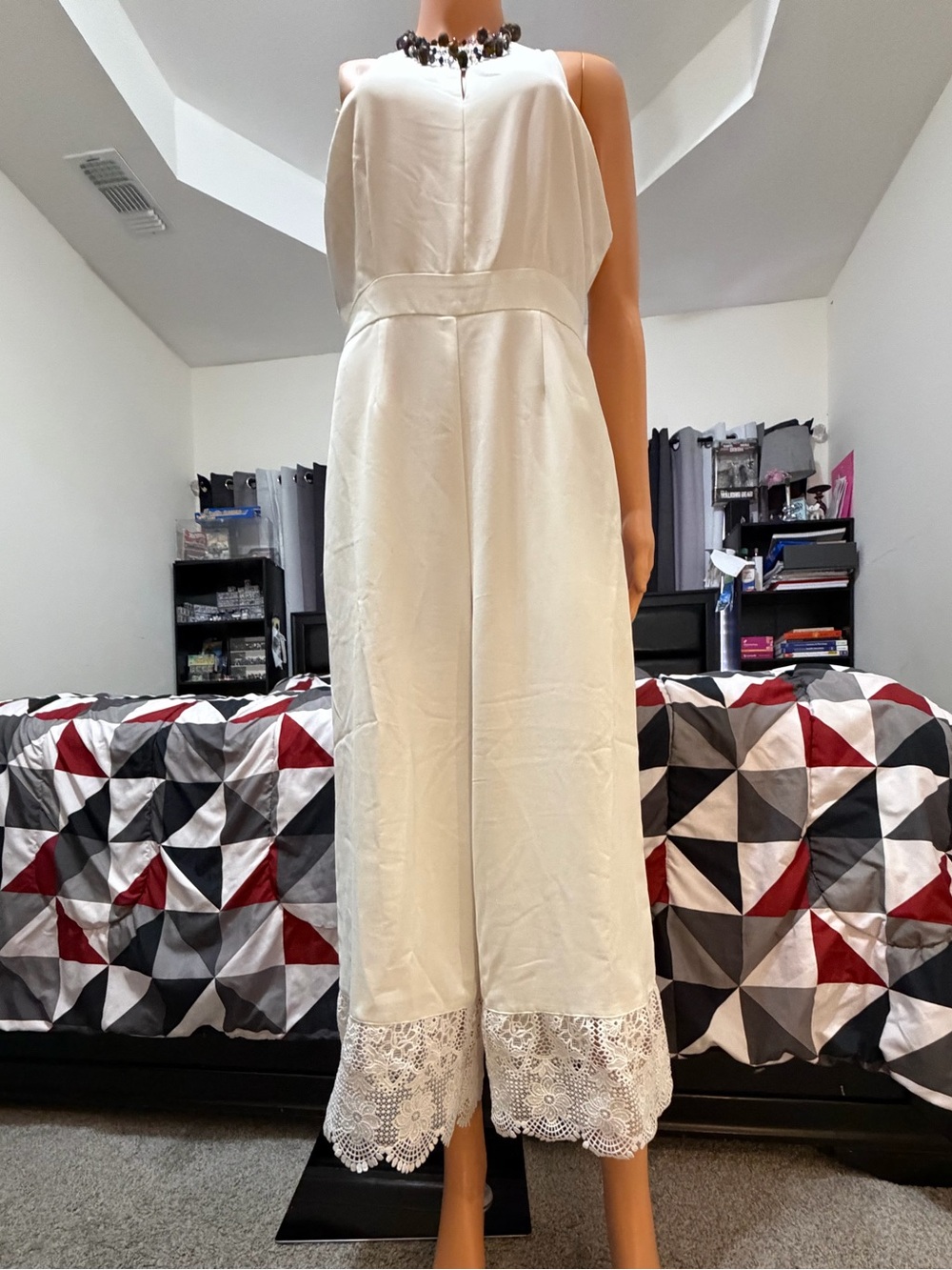Sugarlips Wynn White Halter Neck Wide Leg Jumpsuit with Floral Lace Trim Hem